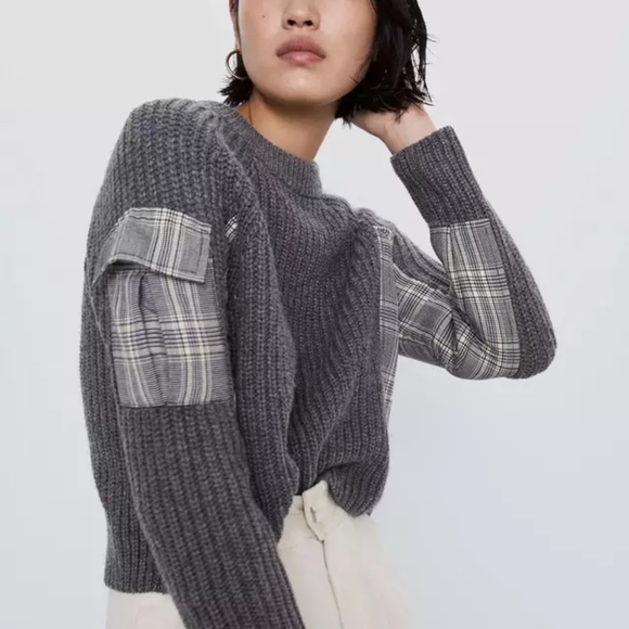 Zara Crew Neck Chunky Knit with Plaid details - Picture 4 of 10